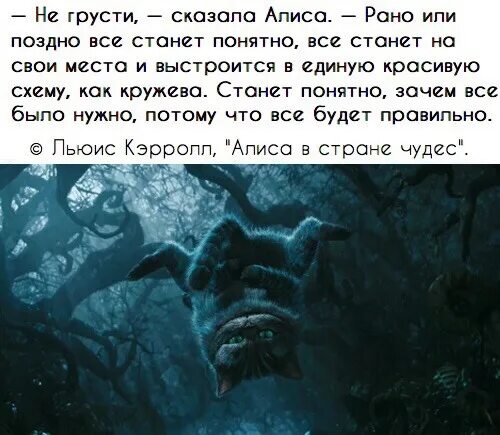 Со временем стало понятно что. Не грусти сказала Алиса. Негрумти скпзала Алиса. Рано или поздно все станет понятно все станет на свои места. Алиса в стране чудес не грусти сказала.