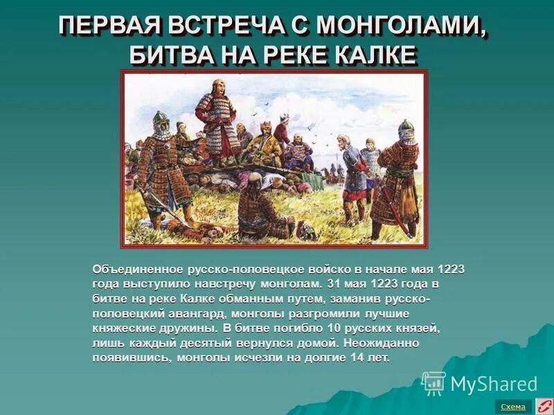 Эпизоды борьбы русского народа с монголами. Битва на реке Калке 1223. Первая встреча монголов и русских.