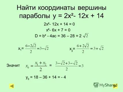 Определи координаты вершины параболы y