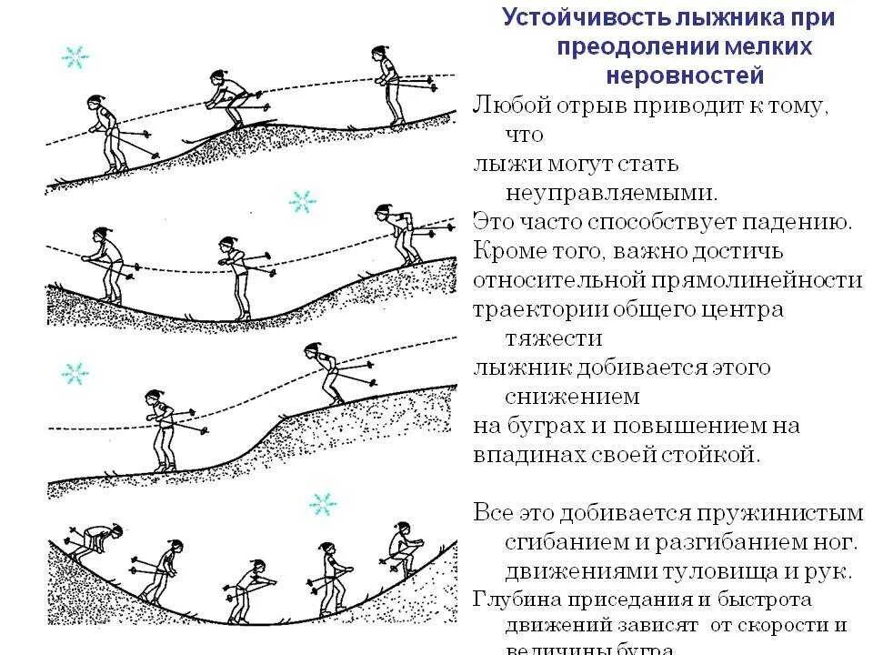 Трасса лыжных гонок состоит из 4 участков. Особенности техники преодоления неровностей на склоне. Преодоление естественных препятствий на лыжах. Техника преодоления неровностей на лыжах. Техника преодоления подъемов и препятствий на лыжах.