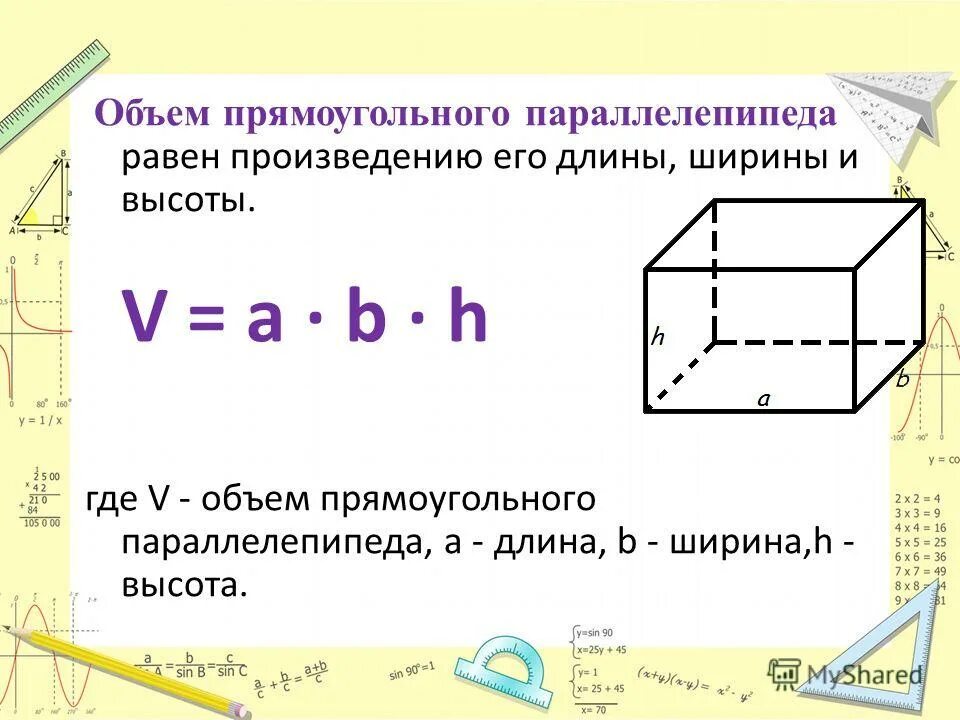 Формула площади прямоугольного параллелепипеда. Нахождение объема прямоугольного параллелепипеда. Объем прямоугольного пара. Объём прямоугольного паралелепипеда. Формула объема прямоугольного параллелепипеда.