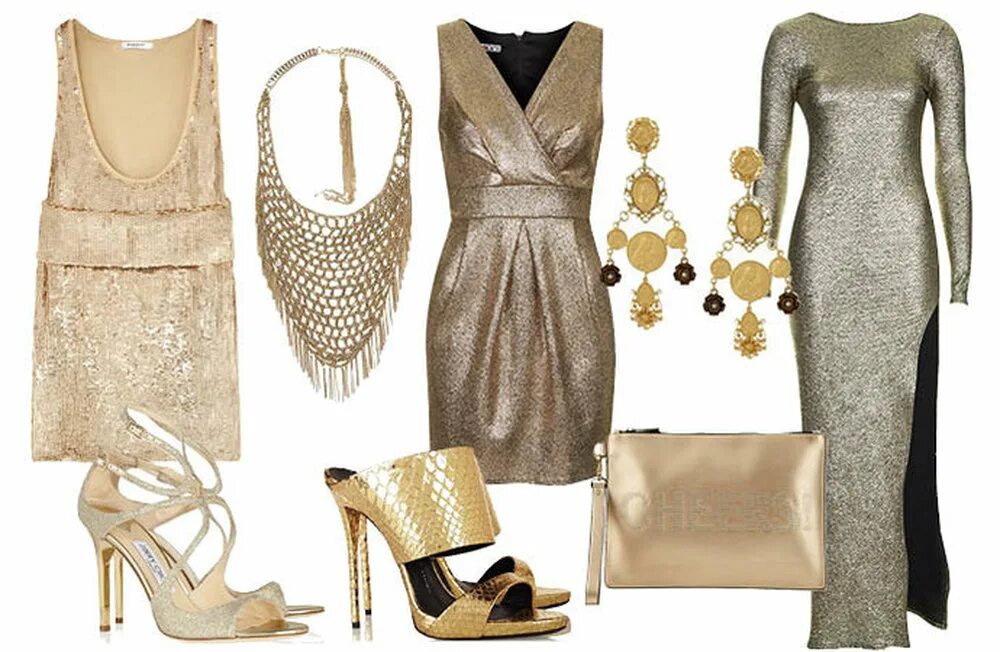 Золотое платье с серебряными туфлями. Украшения к золотистому платью. Украшение под золотое платье. Туфли и украшения к Золотому платью.