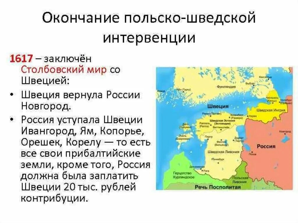 Борьба со швецией 7 класс история. Столбовский Мирный договор 1617. 1617 Столбовский мир со Швецией условие.