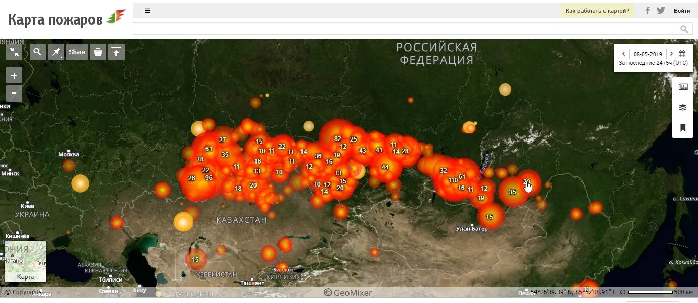 Где пожары карта