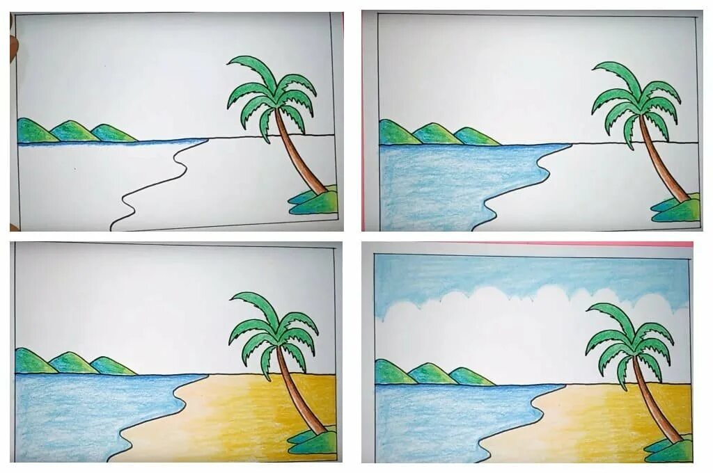 Выполнить рисунок показывающий удивительную красоту моря. Рисование морского пейзажа для детей. Поэтапное рисование пейзажа. Поэтапное рисование пейза. Поэтапное рисование карандашом пейзажи для детей.