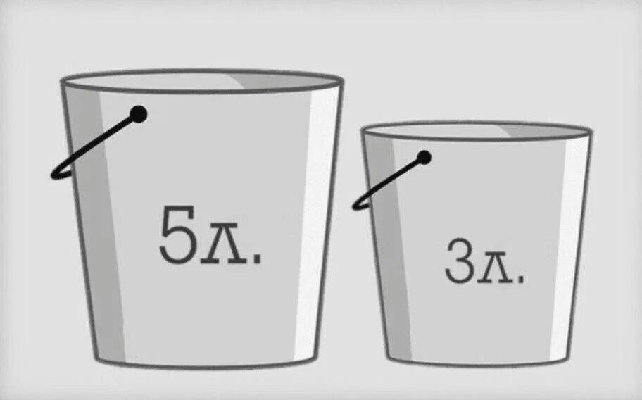 В ведро налито 5 литров воды. Головоломка с ведрами 5 и 3 литра. Головоломка 3 литра и 5 литров воды. Загадка с вёдрами 5л и 3л. Ведра 5 и 3 литра налить 4 литра.