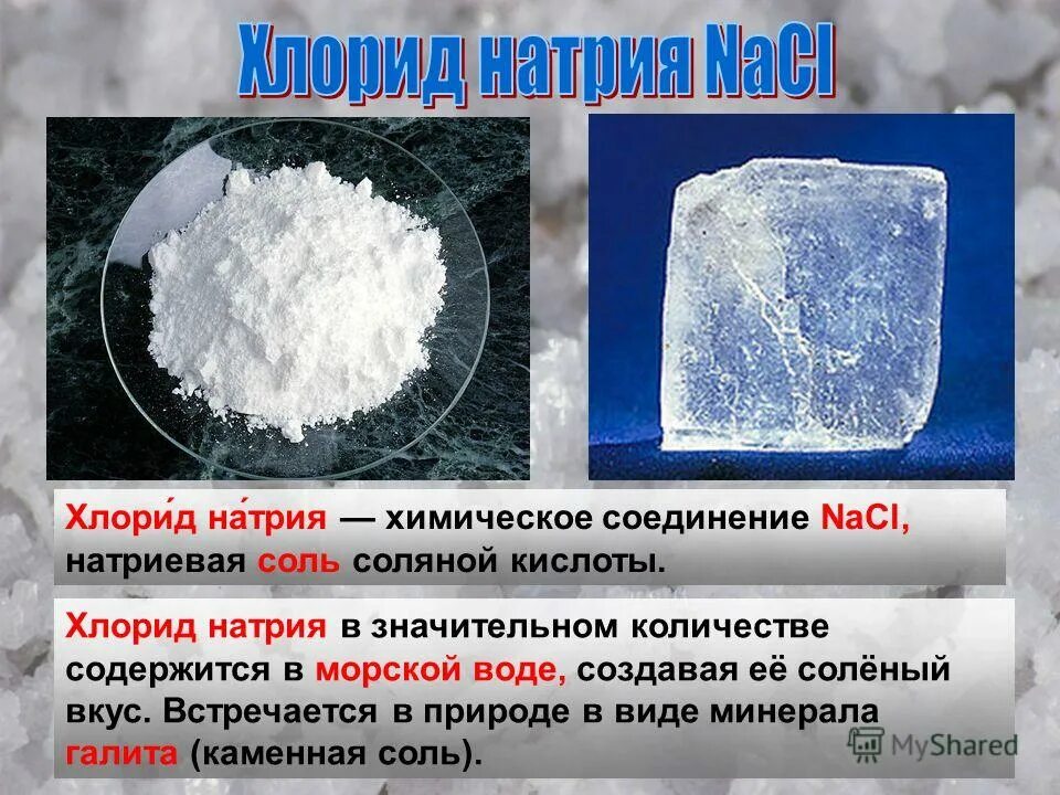 Где используется хлорид. Хлористый натрий (поваренная соль). сообщение о соли по химии хлорид натрия. хлорид натрия в поваренной соли. nacl в природе.