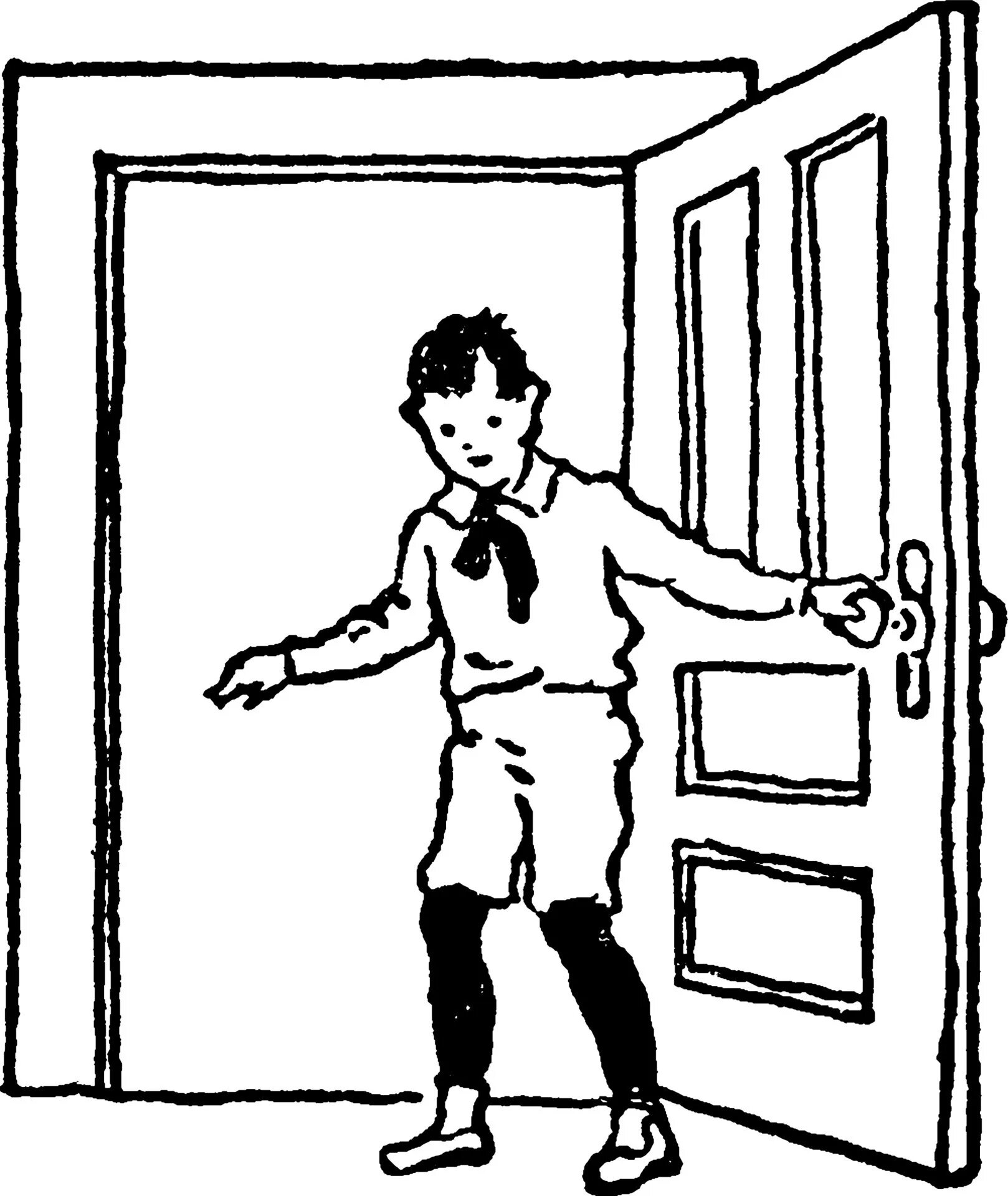 Мальчик и дверь открылась. Выбегает из двери. Человек заходит в дверь. Человек выбегает из двери. Человек стоит в дверном проеме.