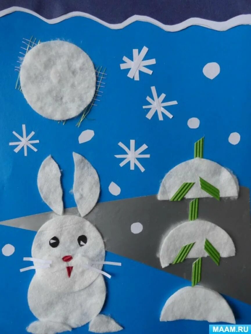 Зайчик из ватных дисков. Зимняя аппликация в средней группе. зимняя аппликация из ватных дисков. зимняя аппликация в старшей группе.