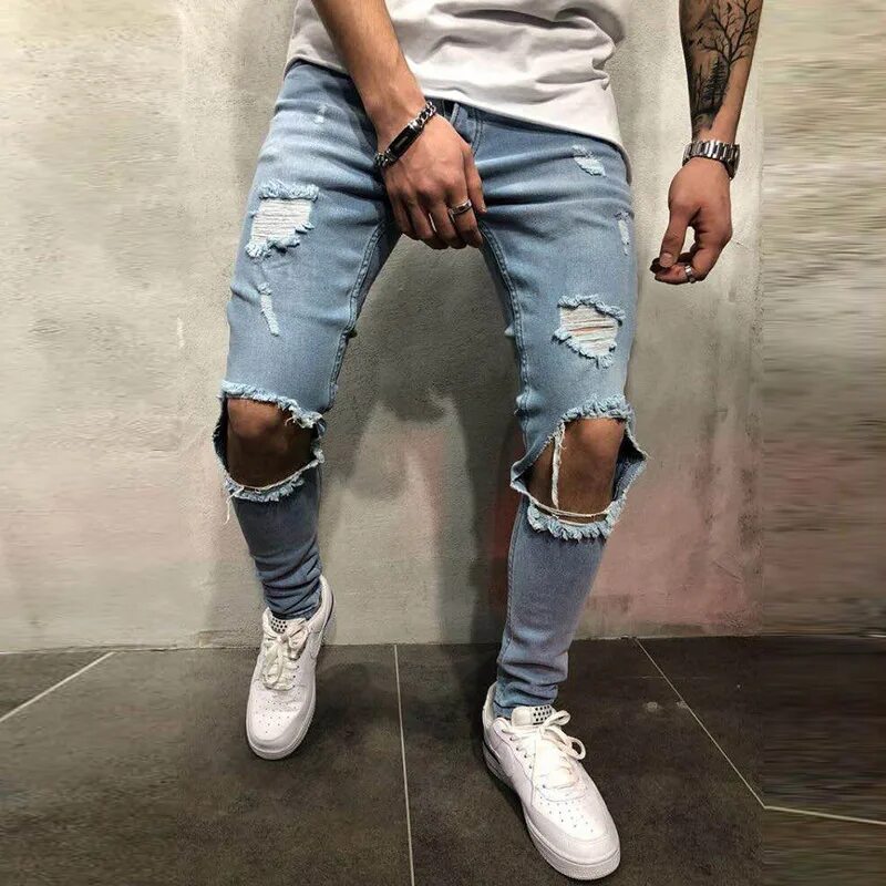 Купить Джинсы Men Casual Ripped Knee Skinny Slim Denim Jeans Distressed Frayed P