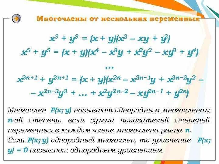 Равенство многочленов. Многочлены от нескольких переменных. Степень многочлена от нескольких переменных. Многочлен от двух переменных. Однородный многочлен.