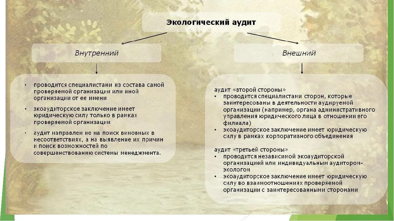 Экологическое аудирование. Виды экологического аудита. Экологический аудит. Внешний и внутренний экологический аудит. Виды внутреннего экологического аудита.