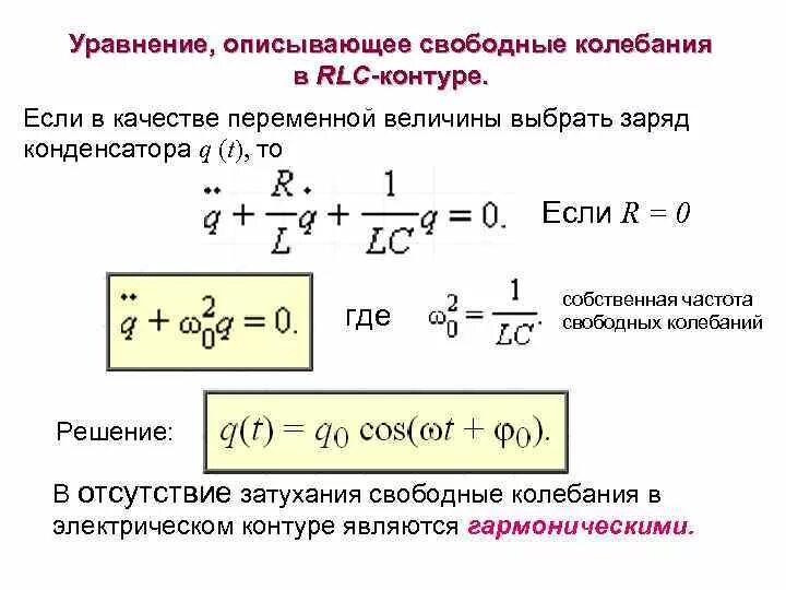 Решение уравнения описывающего свободные колебания. Дифференциальное уравнение заряда конденсатора. Собственная частота RLC контура. Уравнение описывающее электромагнитные колебания.