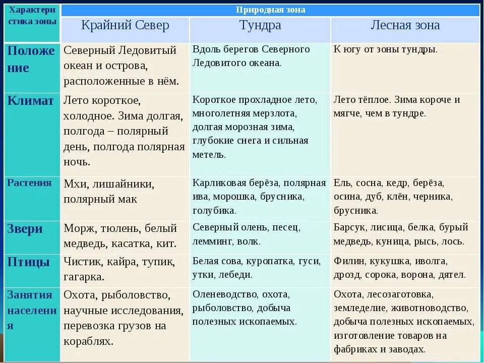 Природная зона тундра 8 класс география таблица