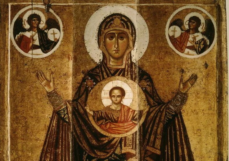 Богоматерь великая панагия ярославская оранта. Икона богоматерь великая панагия алимпий. Богоматерь великая панагия никола и георгий. Икона ярославская оранта 12 век. Богоматерь великая панагия.