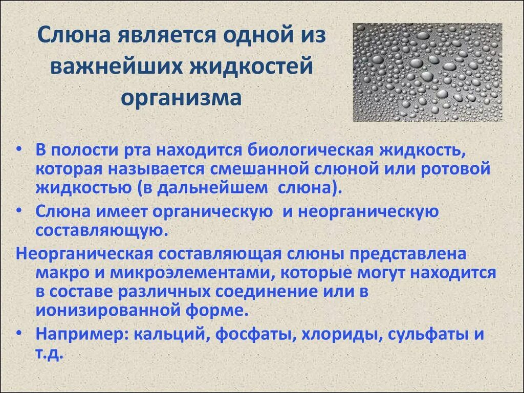 Составляющие слюны. Характеристика слюны. Состав слюны в норме. Слюна как биологическая жидкость биохимия. Основная роль электролитов слюны:.