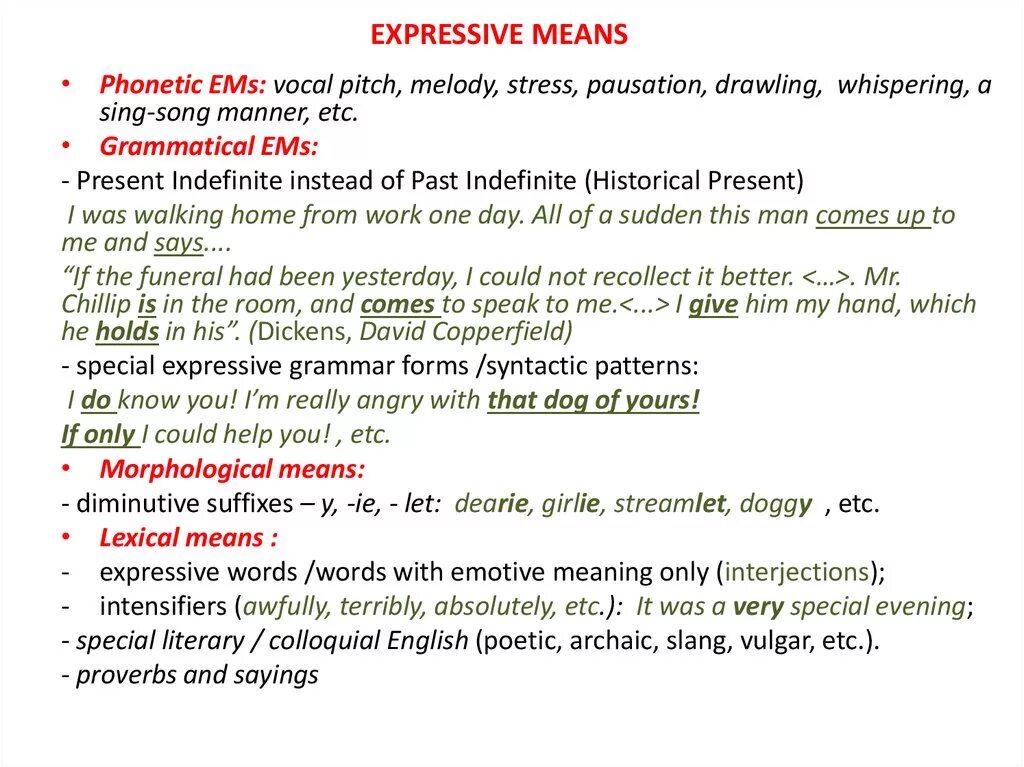 Express meaning. Expressive means. Expressive means and stylistic devices. Phonetic expressive means. Lexical expressive means.