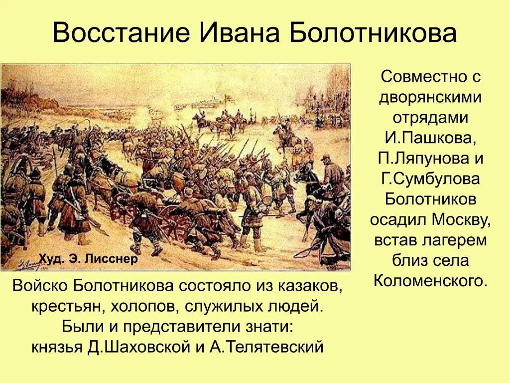 Поражение болотникова кратко. Восстание Болотникова Лисснер. Восстание Болотникова 1606-1607. Восстание под предводительством Ивана Болотникова годы.