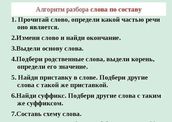 Алгоритм слова по составу. Алгоритм разбора по составу. алгоритм разбора слова. алгоритм разбора слова по составу 4 класс. памятка разбор слова по составу 3 класс.