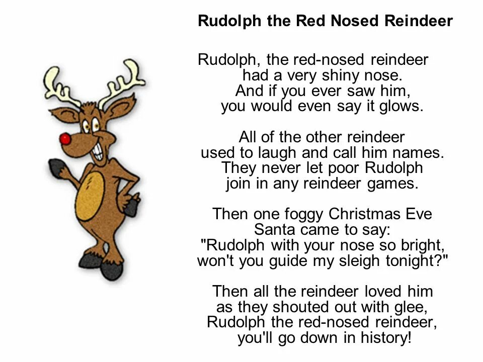 Новая английская песня. Rudolf the Red Nosed Reindeer текст. Стих на английском про новый год. Стих про оленя. Стихотворения про оленей на английском.