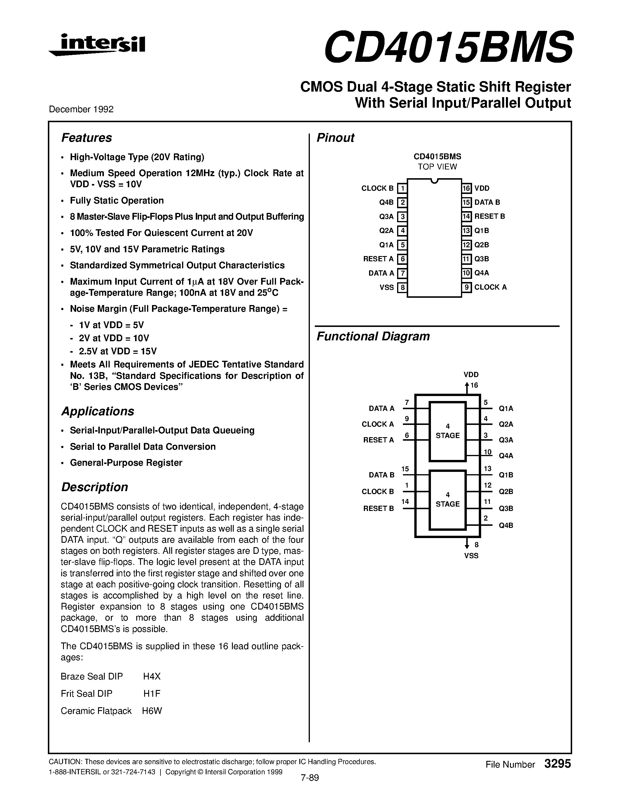 4015 CMOS Dual 4-Stage Static Shift Register With Serial Input/Parallel Output -
