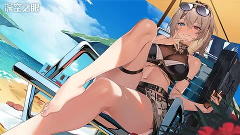 aether gazer barefoot beach bicolored eyes blush breast hold breasts brown hair 