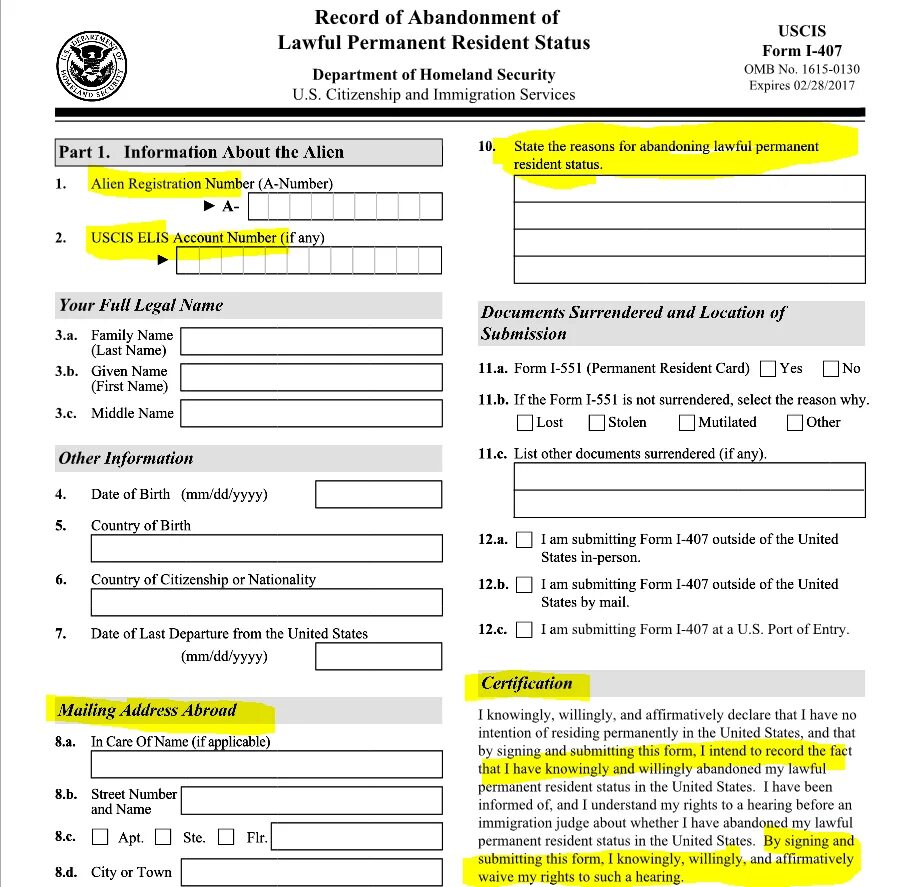 Immigration Card USA. Card form. Registration Card. Documents in English. Permanent mailing address