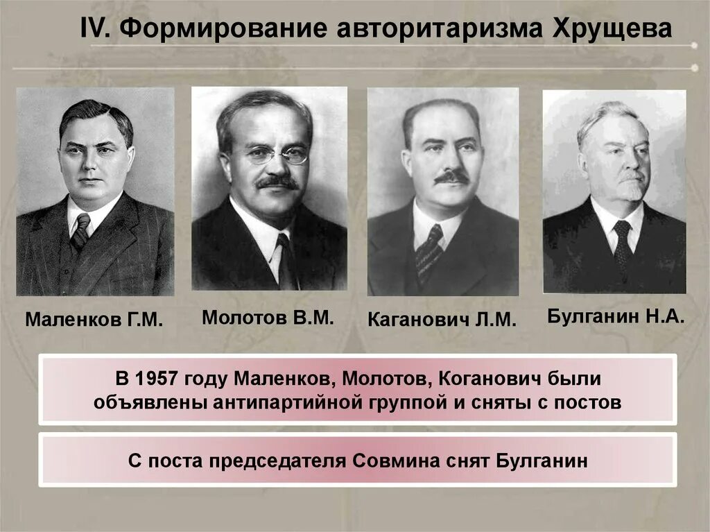 Против хрущева в 1957 выступил. Антипартийная группа Каганович Молотов Маленков. Молотов, Маленков, Каганович. 1957. Маленков Микоян Булганин. Антипартийная группа Молотова Маленкова Кагановича в 1957 году.