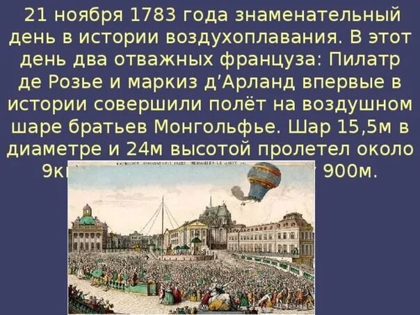 Первый полет человека на воздушном шаре 21 ноября 1783 года. 21 Ноября день в истории. 1783 Год событие в истории. 21 Ноября 1783 года воздухоплавание. Время 21 ноября