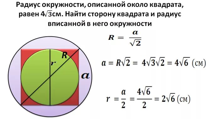 Как найти радиус вписанной окружности в квадрат. Формула радиуса описанной окружности квадрата. Как вычислить радиус описанной окружности квадрата. Радиус описанной окружности около квадрата формула.
