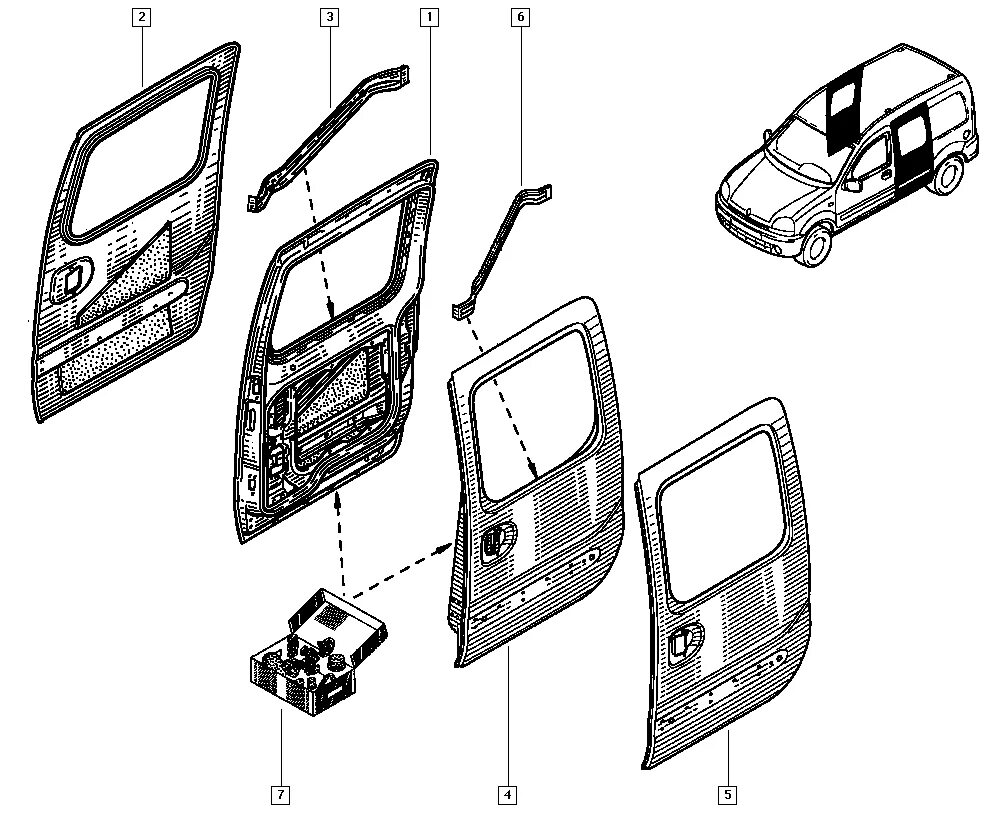 Левая дверь Рено Кангу 1. Боковая сдвижная дверь на Рено Кангу 1 №7751469196. Рамка стекла боковой двери Рено Кангу 1. Обшивка двери Рено Кангу 1. Renault kangoo дверь