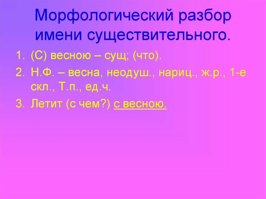 Морфологический разбор слова 5 существительных. Морфологический разбор. Морфологический разбор слова вёсны 5 класс. Морфологический разбор имени существительного. Морфологический анализ существительного весною.