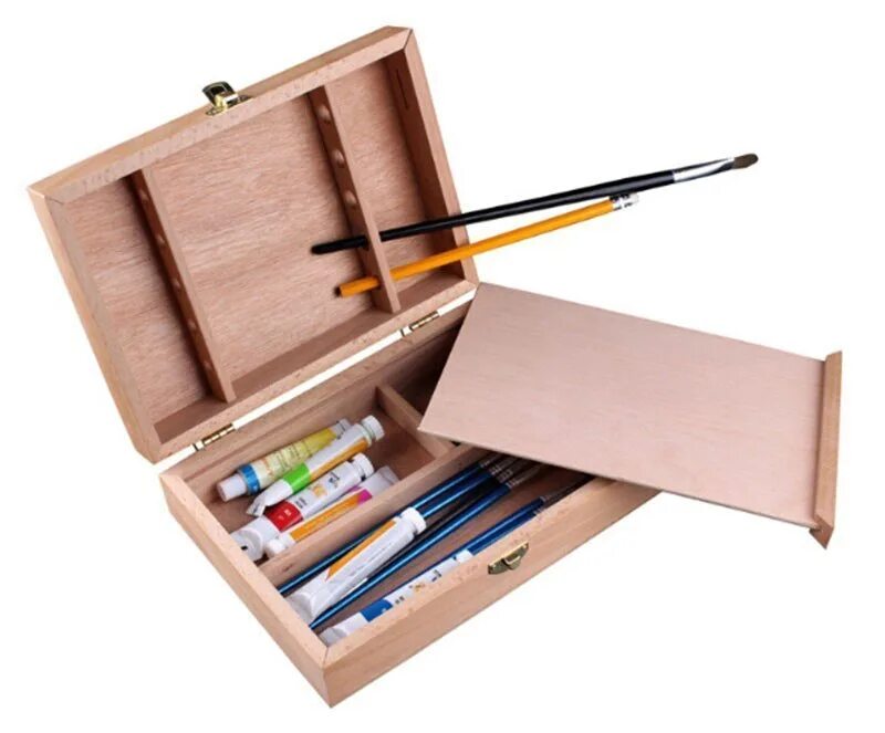 Painting box. Деревянная коробка с кистями и маслом. Box of Painting Tools.
