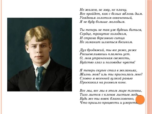 Анализ стиха не жалею не зову. Есенин не зову. Стих Сергея Есенина не жалею не зову не плачу. Есенин с белых яблонь дым.