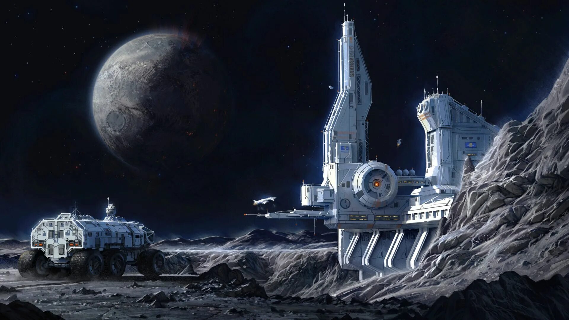 Black station satomic moon. Звездолет ретрофутуризм. Космическая база. Космическая база на планете. Город на Луне.