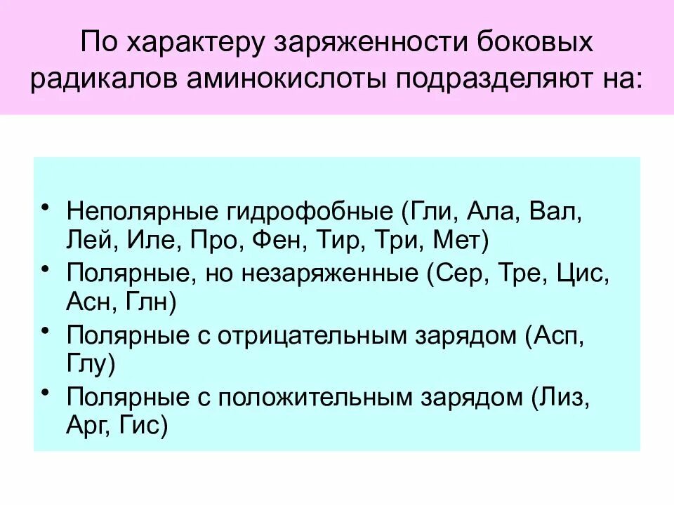 Ала фен лей вал. Аминокислоты по заряженности боковых радикалов. Аминокислоты по характеру радикала. Классификация аминокислот по характеру радикала. Боковые радикалы аминокислот.