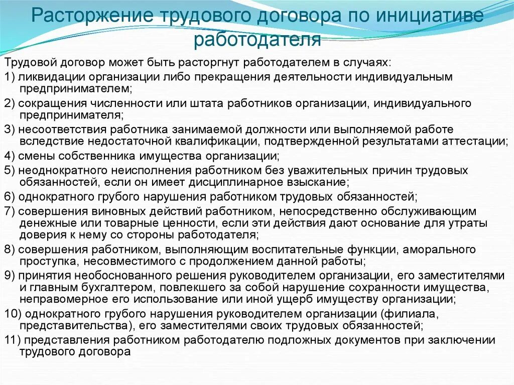 Основания прекращения индивидуального трудового договора. Расторжения трудового договора по инициативе работодател. Условия расторжения трудового договора. Расторжение трудового договора ЕГЭ Обществознание. Прекращение трудового договора по инициативе работодателя.