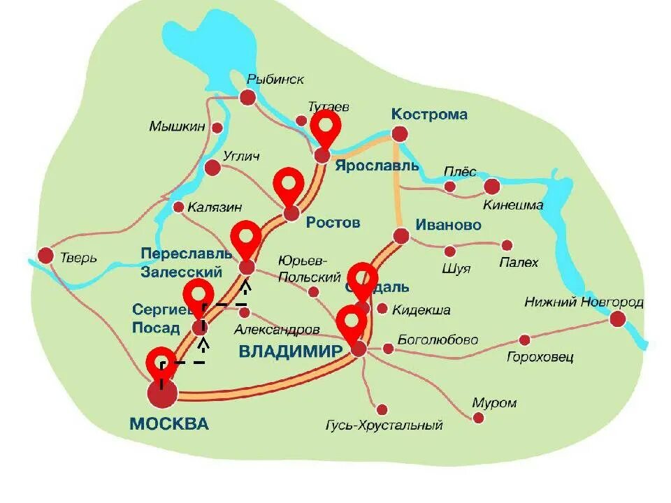 Маршрут золотое кольцо России на карте России. Карта путешествия по Золотому кольцу России. Золотое кольцо России на карте маршрут. Суздаль на карте золотого кольца России
