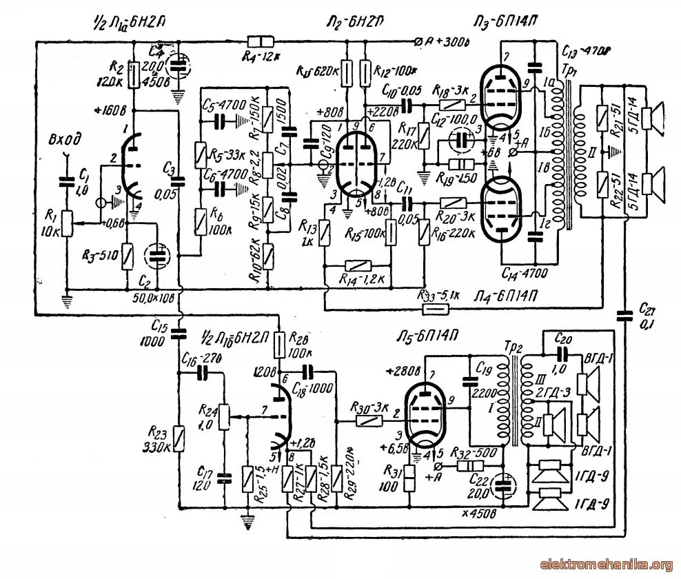 Унч на лампах. Схема лампового усилителя на 6п14п и 6н2п. Ламповый усилитель 6п14п Василича. Схема двухтактного лампового усилителя на лампах 6п14п. Ламповый усилитель 6п45с двухтактный.