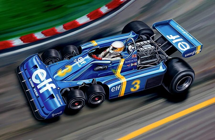 Том ф 1 6. Tyrrell p34. Tyrell машина f1. Шестиколесный Болид формулы 1. Тирелл формула 1.
