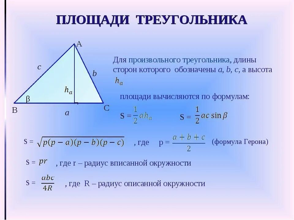 Площадь треугольника со стороной 8. Формула нахождения площади произвольного треугольника. Площадь произвольного треугольника формула. Площадь основания произвольного треугольника формула. Площадь произвольного треугольника формула через стороны.