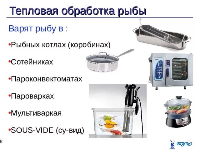 Инвентарь для обработки рыбы. Способы тепловой обработки рыбы. тепловая кулинарная обработка рыбы. тепловая обработка варка рыбы. способы тепловой кулинарной обработки рыбы.