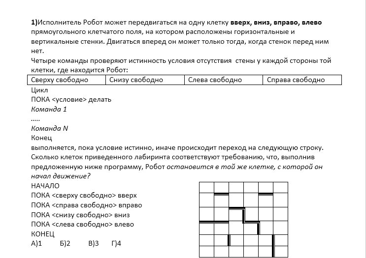 Отметь клетку в которой робот остановится. Решение задач по ИКТ. Исполнитель робот передвигается по клетчатому полю выполняя команды. Исполнитель робот начало циклы пока слева свободно влево. У исполнителя робот есть четыре команды.