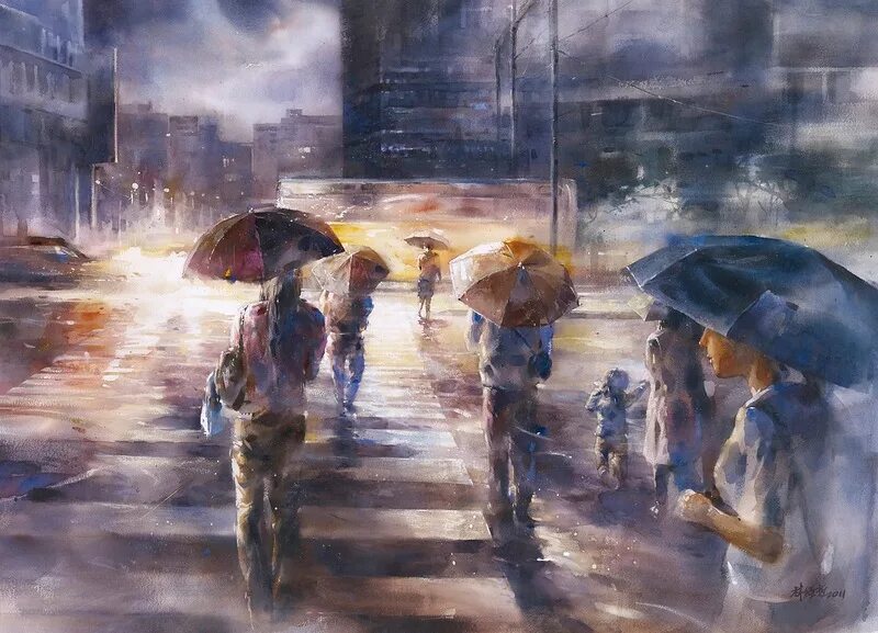 Веселый дождь города. Художник Lin Ching che. Лин Чинг че акварель. Дождливый день. Под дождем.