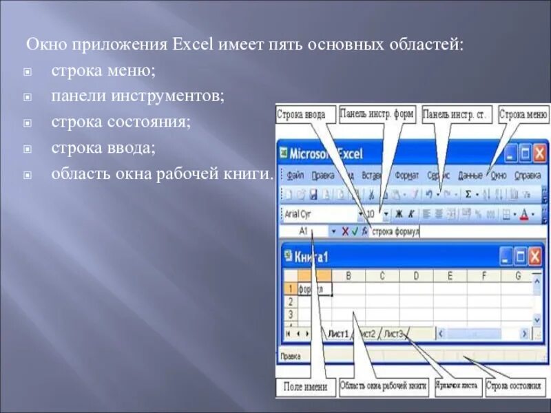 Структура окна MS excel. Окно приложения. Панель инструментов в эксель. Окно программы эксель.