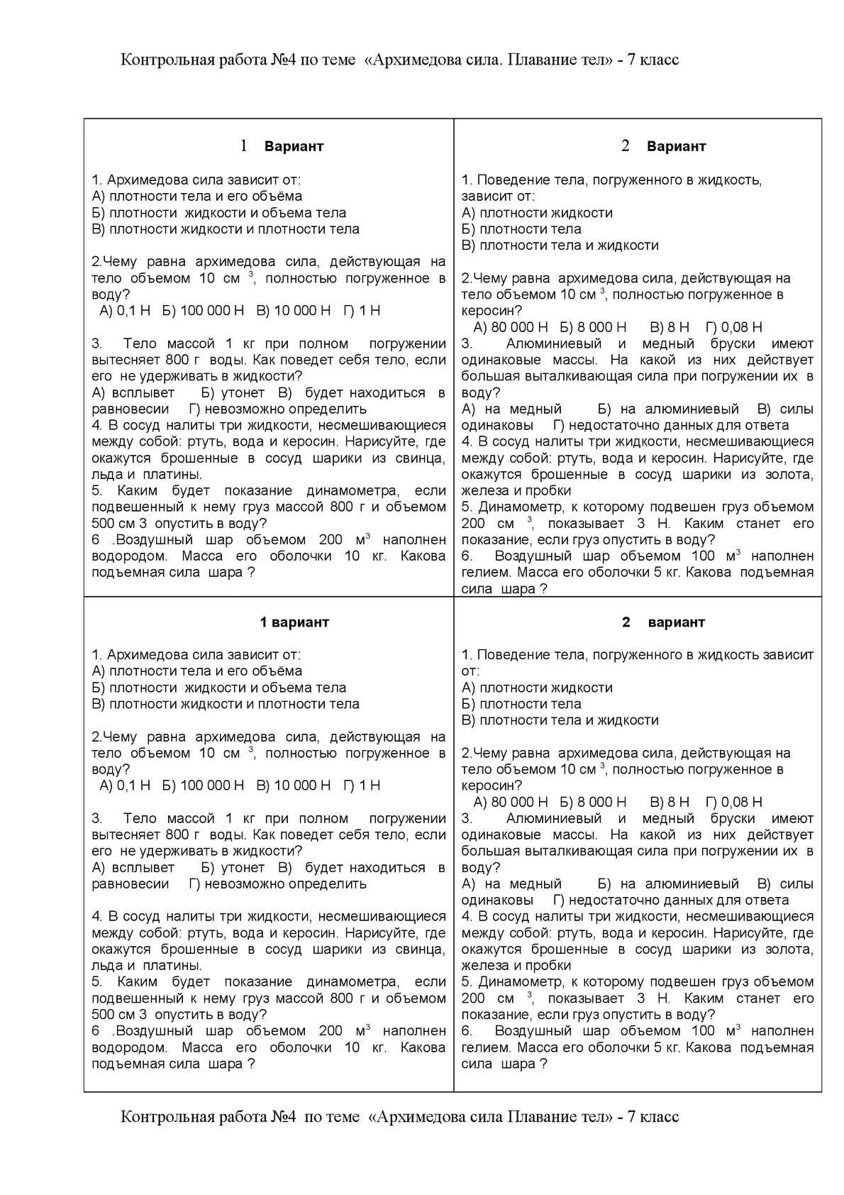 Архимедова сила 7 класс физика вариант 4. Контрольная по архимедовой силе 7 класс. Кр по физике 7 класс сила Архимеда. Контрольная 7.4 Архимедова сила 7 класс. Контрольная по физике 7 класс перышкин Архимедова сила ответы.