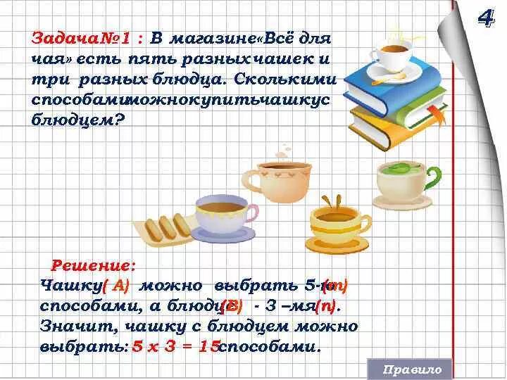 Задача с кружками. Задача про чашки и блюдца. Три чашки четыре блюдца. В магазине всё для чая есть 6 разных чашек и 4 разных блюдца. Купили 12 чашек по 3