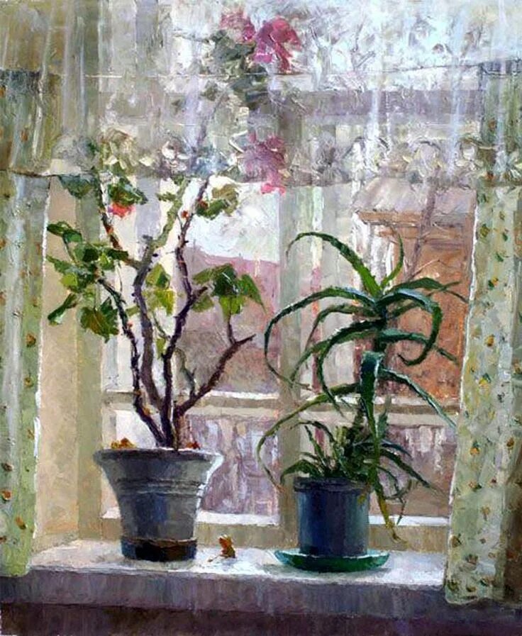 Цветы на окне. Комнатные растения на окне. Натюрморт с комнатным растением. Цветы на подоконнике живопись. Цветов на бабушкина