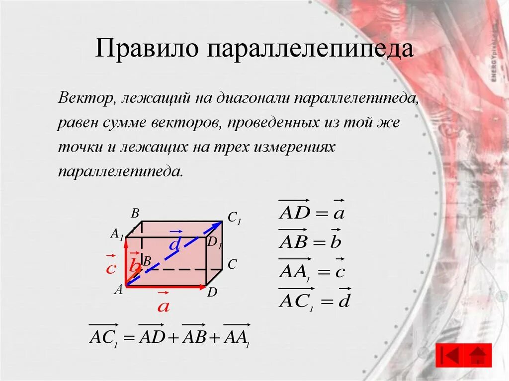 Правило параллелепипеда векторы. Сложение векторов правило параллелепипеда. Сумма векторов в параллелепипеде. Параллелепипед вектор. Параллелепипед укажите вектор равный сумме