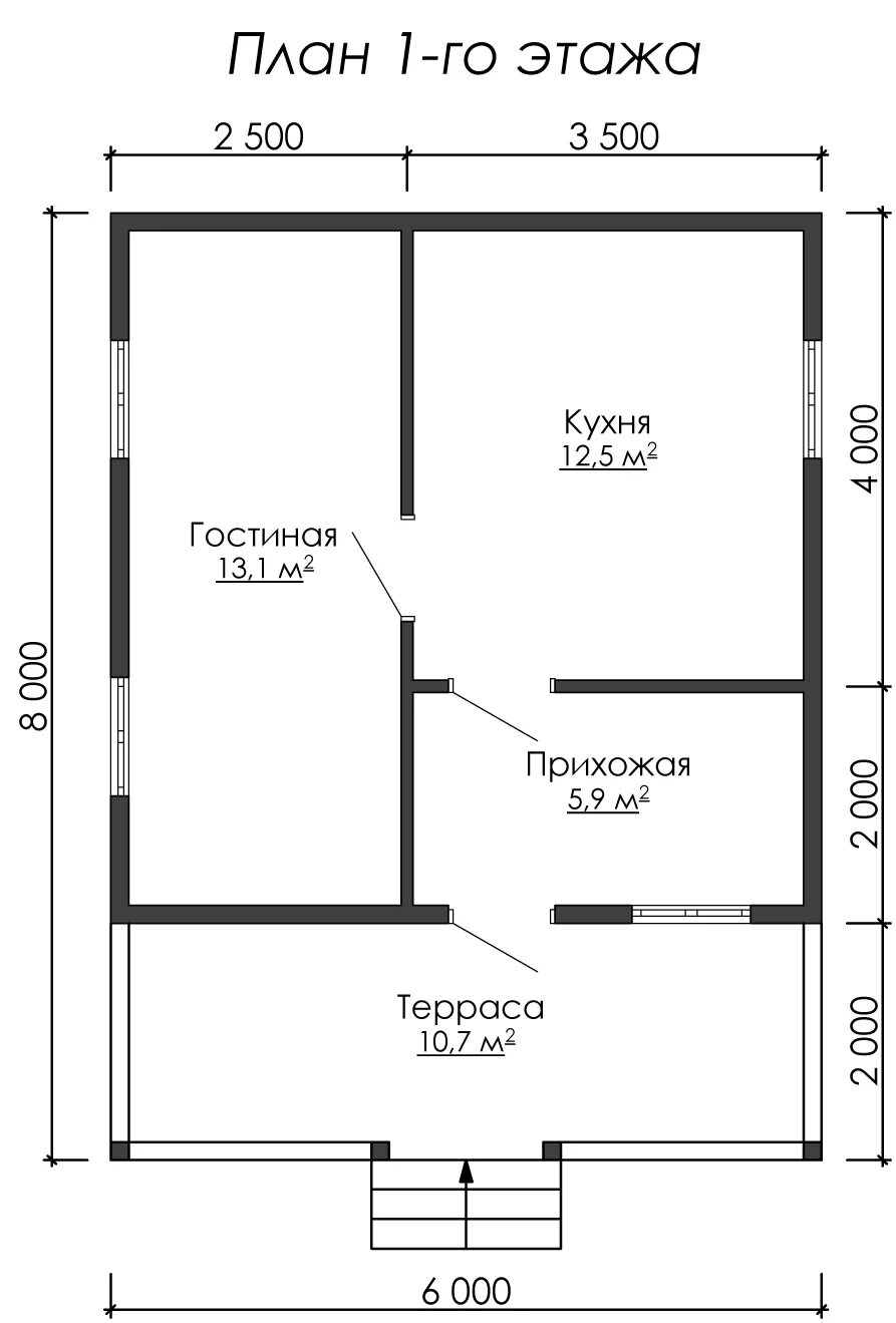 Одноэтажная баня 4 на 8 с крыльцом 2х4 со стороны крыши проект № 009-4x8